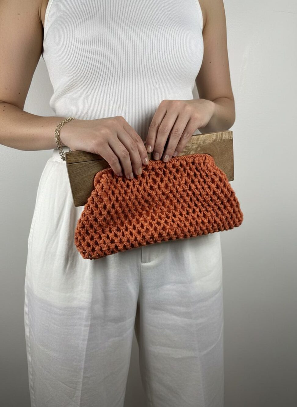 Macrame Boho Prariecore Crochet Wooden Frame Cotton Clutch Bag, OS